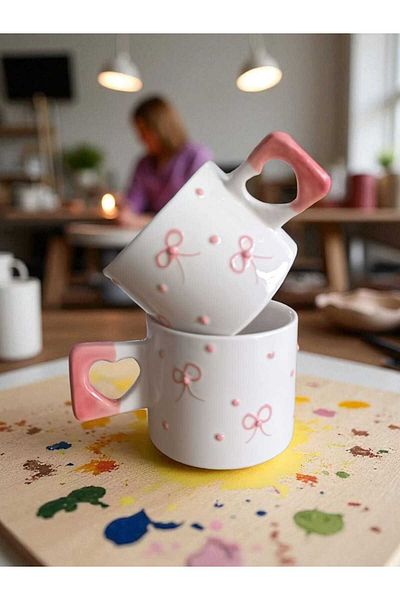 Simge Seramik Set of 2 Handcrafted Pink Ribbon Embroidered Natural Ceramic Mug Mug Tea / Cappuccino Cup