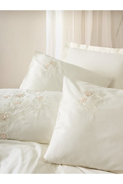 Cotton Box 3D Embroidered Satin Double Duvet Cover Set Aira Ecru