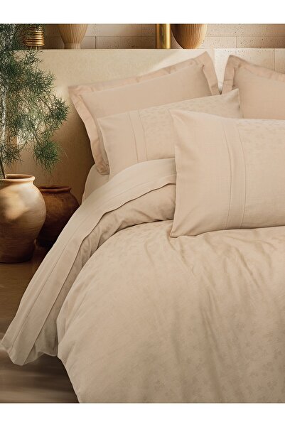 Cotton Box Jacquard Satin Double Duvet Cover Set Florita Beige