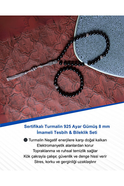 Saff Doğal Taş Sertifikalı Turmalin 925 Ayar Gümüş 8 mm İmameli Tesbih & Bile...