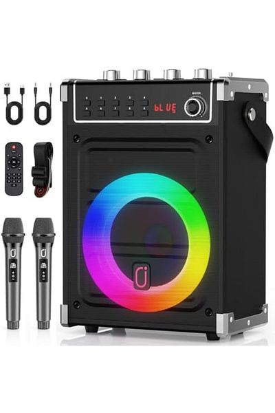 JYX Karaoke Machine with 2 UHF Wireless Microphones, Bluetooth Speaker with Bass/Treble and LED Ligh