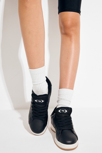 PowerSpeed Kadın Siyah Siyah Termo Taban Yanı Şeritli Bağcıklı Spor Ayakkabı