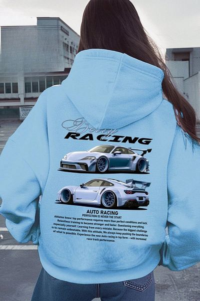 Know Women's Baby Blue Oversize Berry Racing Printed Hooded Sweatshirt Hoodie
