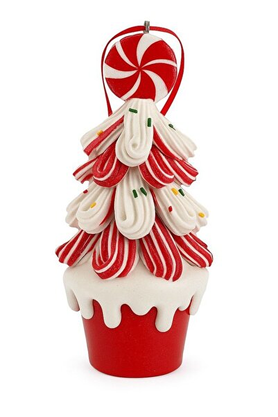 BeySüS Yılbaşı Ağaç Süsü Şeker Desenli Kırmızı Saksılı Ağaç 16 cm