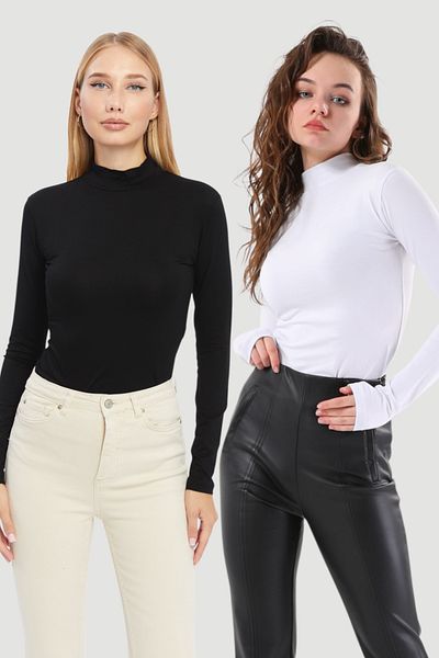 LAENT Women's Black White Stand Collar 2-Piece Bodysuit