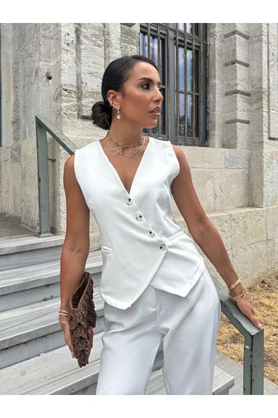 Aymood Women's Zero Sleeve Cross V-Neck Front Buttoned Atlas Vest and Trousers Double Set