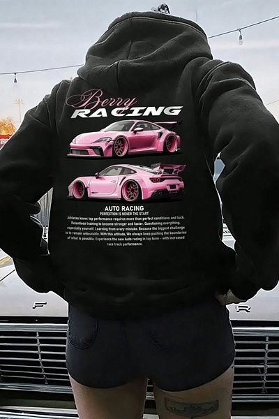 Know Women's Black Oversize Berry Racing Printed Hooded Sweatshirt Hoodie