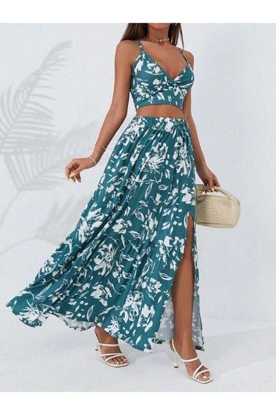 Aymood Women's Thin Straps Floral Print Patterned Crop Slit Skirt Double Single Jersey Suit