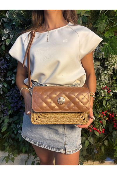 MaVaux Sandy Straw Look Leather Detailed Shoulder Bag