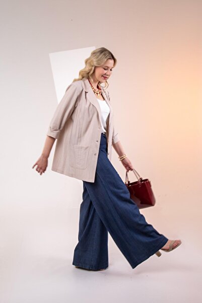 Roxxlen 1122577 Γυναικείο μπουφάν μεγάλου μεγέθους με τσέπες μπεζ