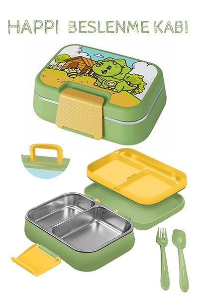 ELDİPA Two Compartment Lunch Container Patterned Lunch Container with Handle Bag 1.03L Stainless Steel