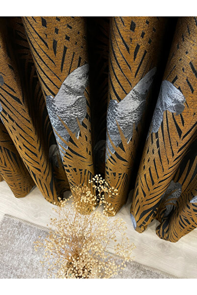 Brillant Gold-Siyah Kuş Desenli 1/3 SIK Pile Fon Perde