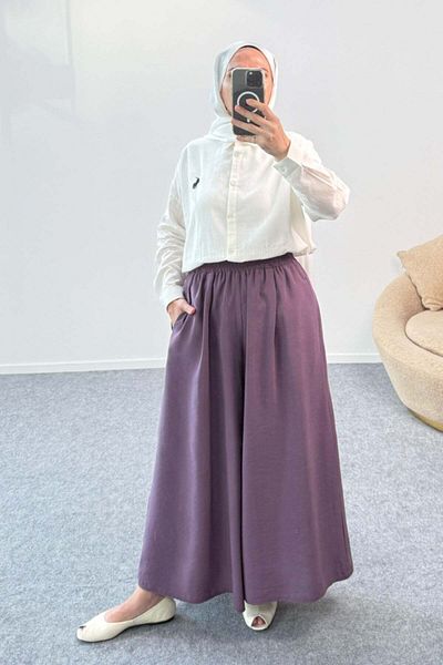 Hatun Atila Wide Leg Modal Skirt Trousers with Elastic Waist 8809 - Purple