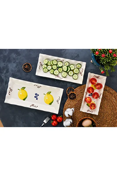 Akkoyunlu home 3 Piece Ceramic Serving Plate Rectangular Breakfast, Cookie, Salad Presentation Plate Lemon Dsn