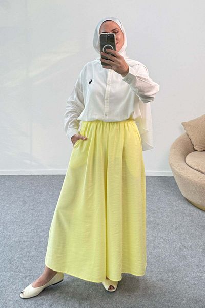 Hatun Atila Wide Leg Modal Skirted Trousers with Elastic Waist 8809 - Yellow