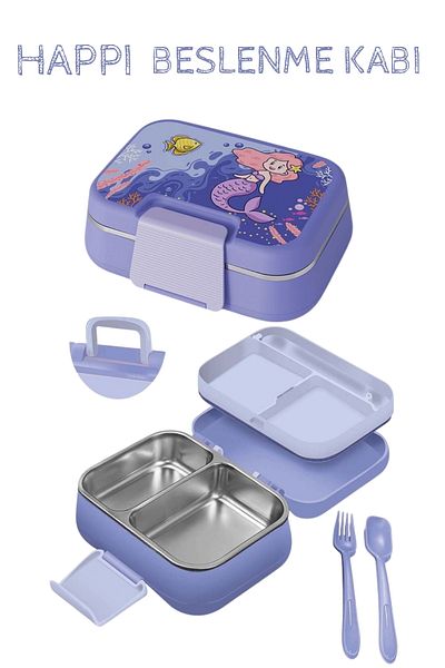 ELDİPA Two Compartment Lunch Container Patterned Lunch Container with Handle Bag 1.03L Stainless Steel
