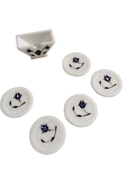 asmiat Natural White Marble Drink Coaster with Flower Engraved - Set of 6 with Marble Holder
