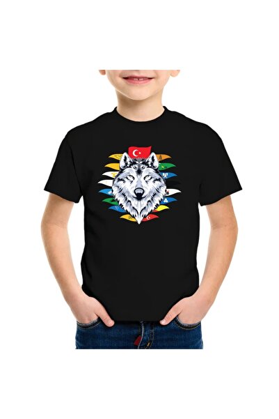 Alfa Giyim Tasarım Kurt Türk Devlet Bayrakları Baskılı Çocuk Tişört