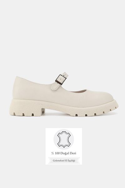 TUNAELLİ Women's Beige Khaki Natural Leather Mary Jane Shoes with Buckle Strap Size 36-41