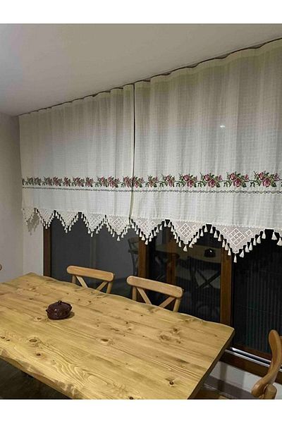 PAZARSEN Buldan Curtain Red Cross Stitched Hand Lace Linen Sunshade Basement Curtain