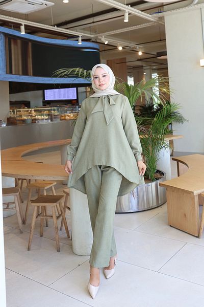modessia Women's Khaki Bow Sofya Linen Double Set