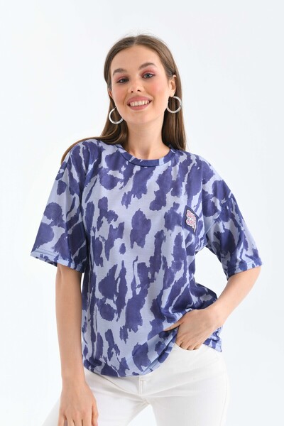 MOVİMENT Femei violet cu imprimeu și etichetă țesută lată croială guler rotun...