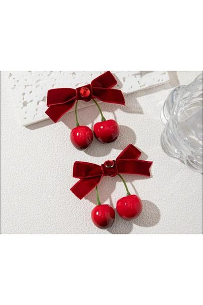 Efna Store Cherry Figured Velvet Bow Crystal Stone Detailed Red Color Double Children's Clamp Buckle