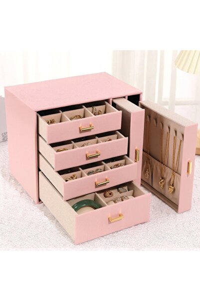 Evistro Dışı Deri İçi Kadife 6 Çekmeceli Takı Bijuteri Mücevher Kutusu Organi...