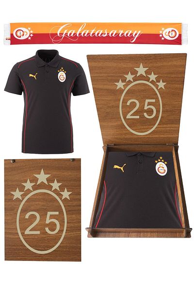 Galatasaray Original Puma a Team 5 Star Polo T-Shirt with Scarf and Gift Wooden Box