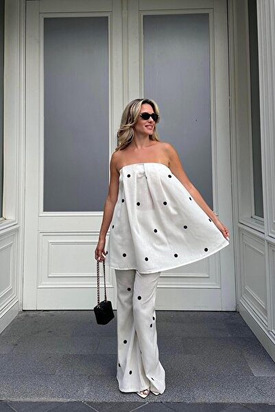 Laluvia White Black Polka Dot Strapless Blouse Pants Set