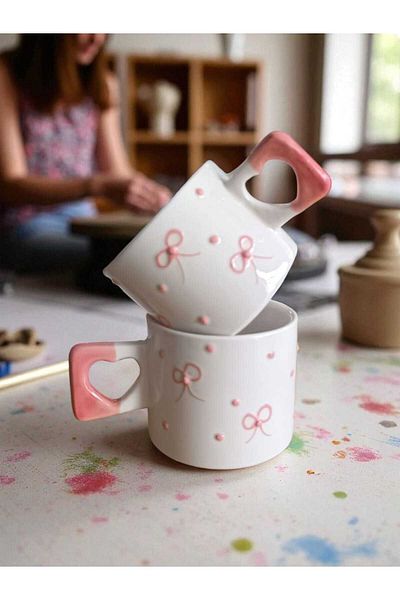 Simge Seramik Set of 2 Handcrafted Pink Ribbon Embroidered Natural Ceramic Mug Mug Tea / Cappuccino Cup