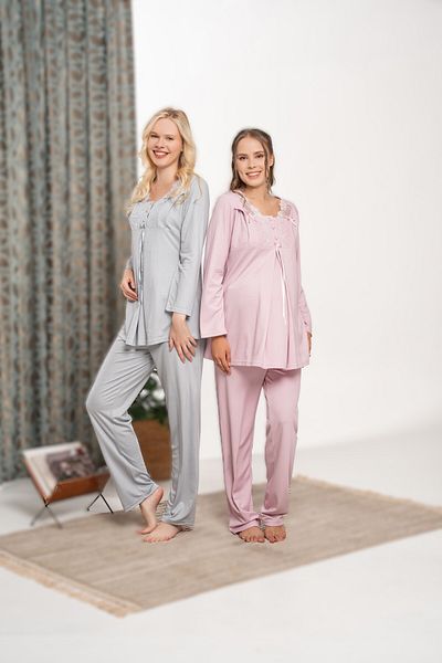 Pelin Women's Lilac Lace Detailed Maternity Pajama Set