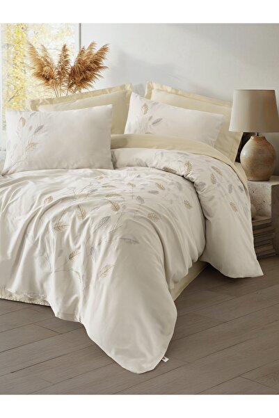 Cotton Box Embroidered Satin Double Duvet Cover Set Blade Beige