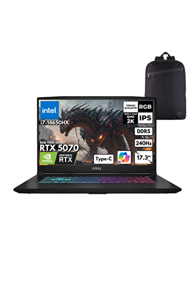 MSI KATANA 17 HX i7-14650HX 48GB 1 TBSSD RTX5070 17.3" 2K Win10 Pro + Sırt Ç. B14WGK-046XTRHMF49