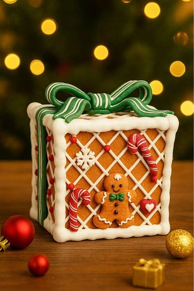 BeySüS Illuminated New Year's Cookie House Gift Box with Green Bow