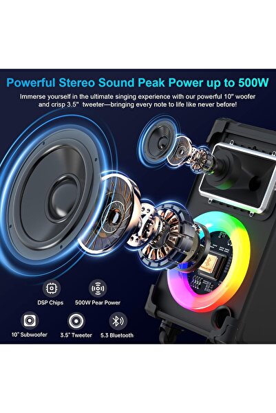 JYX جهاز كاريوكي، مكبر صوت كاريوكي كبير الحجم مقاس 10 بوصات مزود بميكروفونين لاسلكيين، يعمل بتقنية البلوتوث