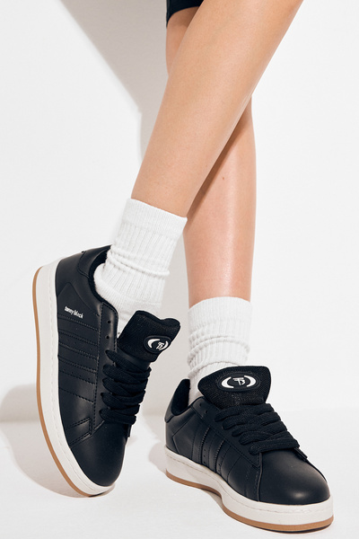 PowerSpeed Kadın Siyah Siyah Termo Taban Yanı Şeritli Bağcıklı Spor Ayakkabı