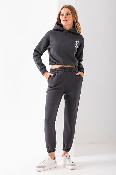 GİYSA Women's Hooded Sporty Embroidered Stopper Detailed Tracksuit Set Smoked - 2607