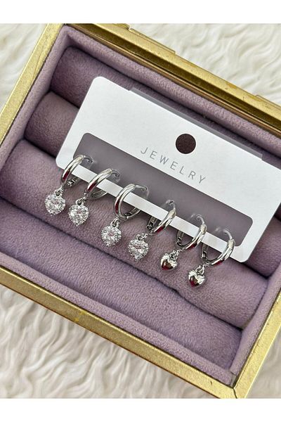 BY YASİN TOPÇU Vip Silver Color 3-Piece Heart and Stone Charm Earring Set
