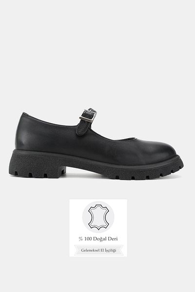 TUNAELLİ Women's Black Genuine Natural Leather Mary Jane Shoes with Buckle Strap Size 36-41