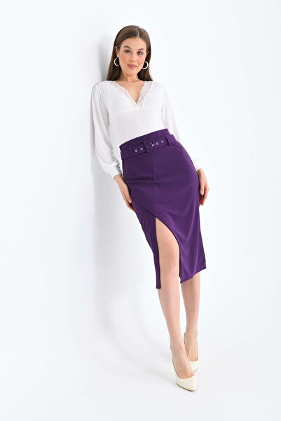 MOVİMENT Fusta Midi talie înaltă pentru femei, mov, cu centură și detaliu cu fante din material subțire