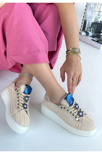Zerenyus Lemda Premium Beige Straw Woven Lace-Up Sports Shoes