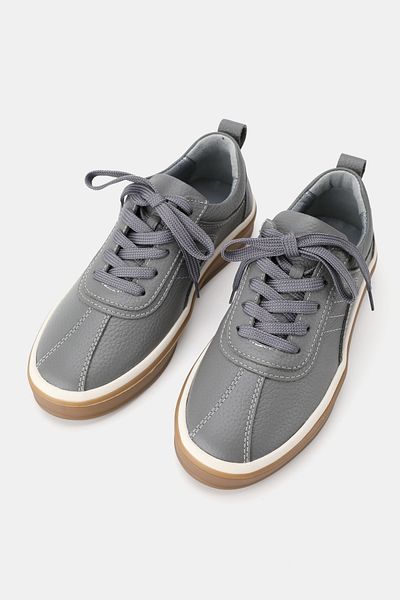 TUNAELLİ Women's Gray Genuine Leather Number 36-41 Lace up Flat Sole Oxford Shoes
