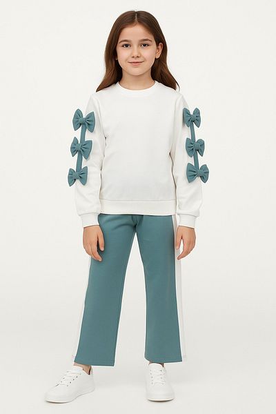 Midani Store Bow Detailed 2 Thread Girls Tracksuit Set (Age 8-12) - Cream Top / Beige Bottom White Top / Blue Bottom
