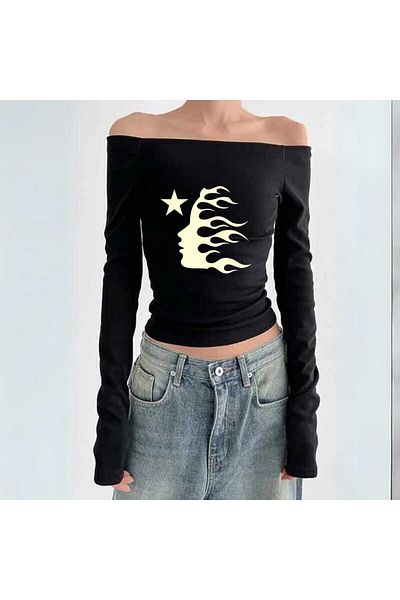 Touz Streetwear Printed Lace Black Long Sleeve Blouse