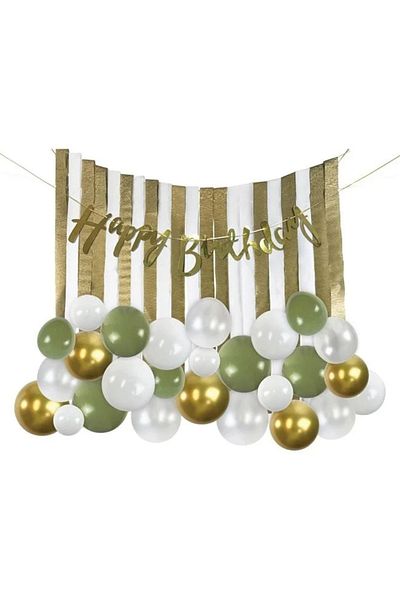 divendi-ro Decorative Party Set with Balloons, White, Gold, Green, Happy Birthday Banner, 50pcs