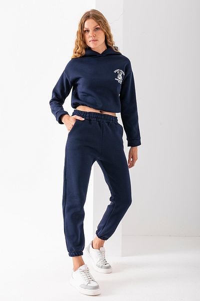 GİYSA Women's Hooded Sporty Embroidered Stopper Detailed Tracksuit Set Navy Blue - 2607
