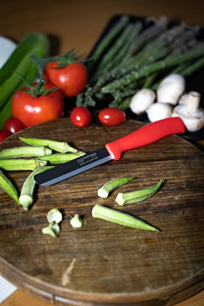 Solingen Kırmızı Ava Simli Sebze Bıçağı – 22 cm, Tırtıklı Ağız, Paslanmaz Alman Çeliği