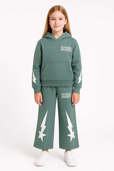 Midani Store Flygirl Society Lettering Hooded 2 Thread Tracksuit Set for Girls (Age 9-13) - Turquoise Brown