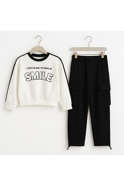 Midani Store Smile Written 2 Thread Girls Tracksuit Set (10-14 Years) White Top Black and Powder Bottom Sports Casual